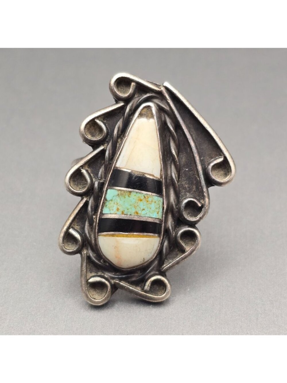 Vintage Southwestern 925 Sterling White Buffalo Turquoise Onyx Inlay Ring READ - Picture 15 of 15